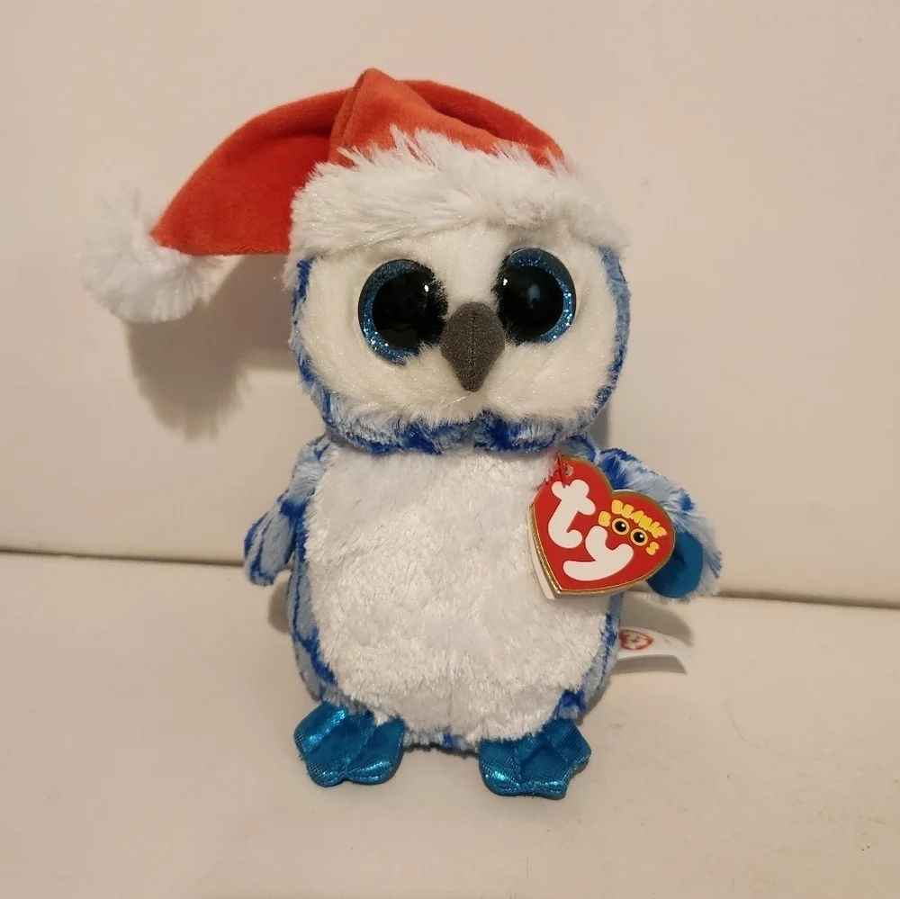 7” Ty Icicles Blue Snow Owl wearing Santa Hat Christmas Themed Plush